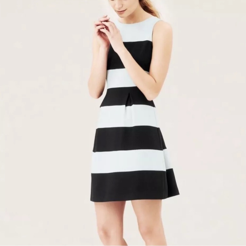 Ann Taylor LOFT Women's 10
Black & Blue Striped Pleated Dress